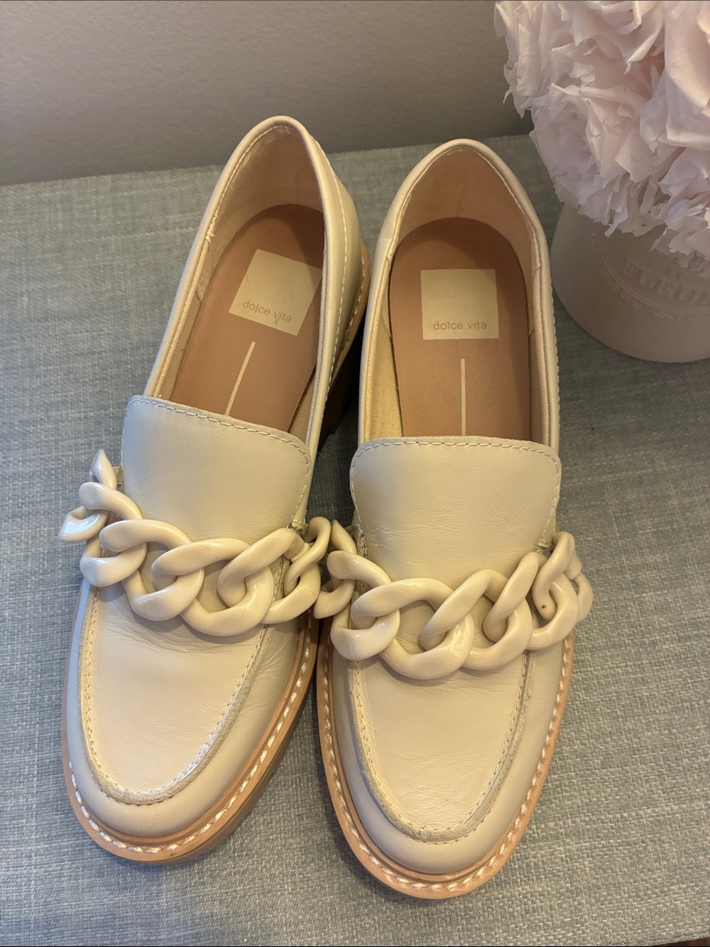 Dolce Vita Cream Leather Loafers with Chunky Chain